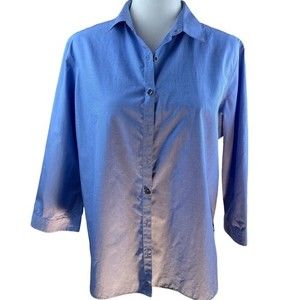 LANDS' END Women Blue 3/4 Sleeve Button Front  Blouse 14